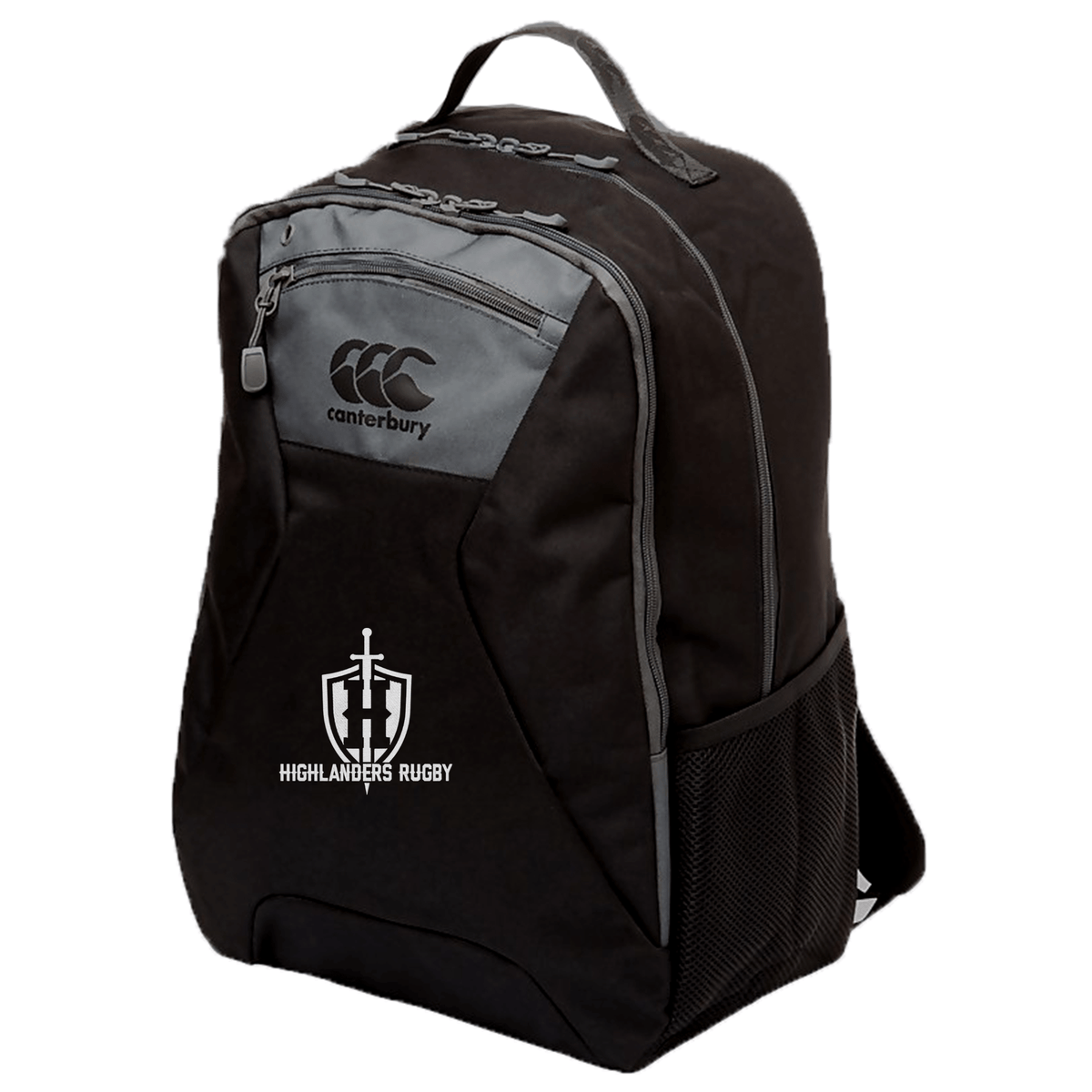 Introducing the Highlanders Rugby NC Medium Backpack by EMB Canterbury, crafted from durable 100% polyester in black and gray. This versatile backpack features multiple zippered compartments, a side mesh pocket, and a padded laptop pocket for added convenience. It is adorned with the iconic Highlanders Rugby logo.