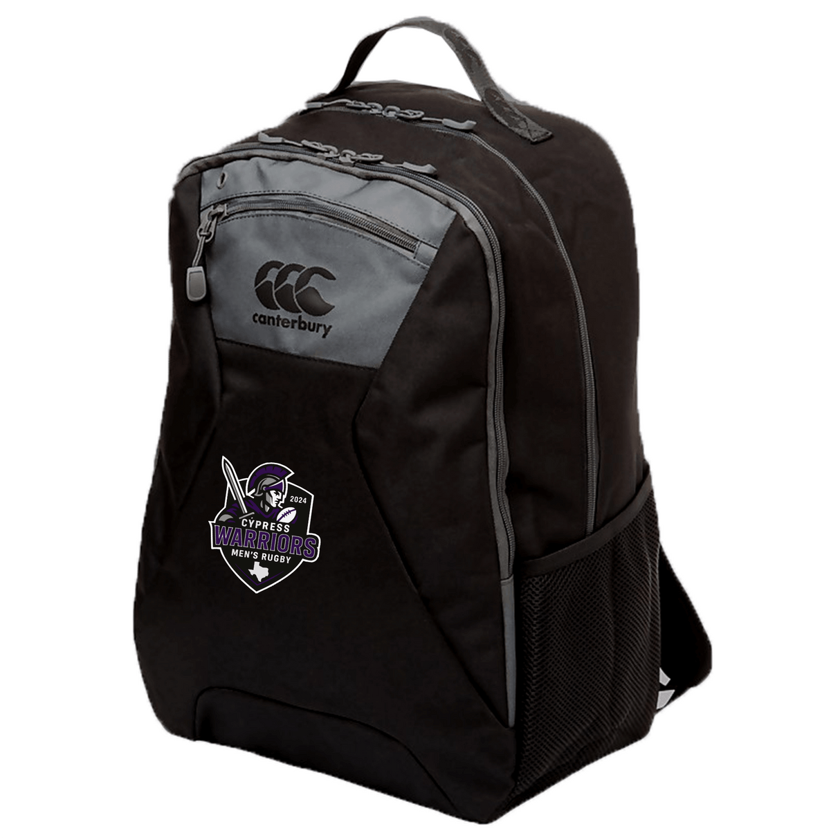The Cypress Warriors Men's Rugby Medium Backpack by EMB Canterbury features gray accents, front zipper compartments, a mesh side pocket, water repellent finish, and a "Warriors Men's Rugby" logo on the lower front.