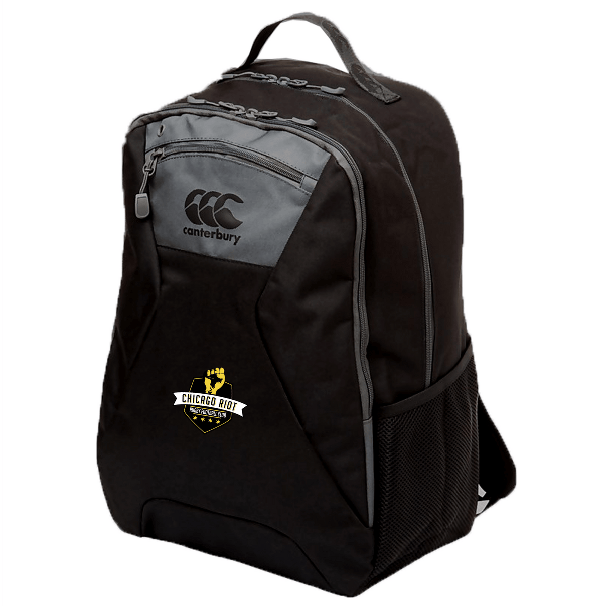 The EMB Canterbury Chicago Riot Medium Backpack features black and gray accents, a zippered front pocket, mesh side pocket, padded laptop pocket, and the "Chicago Riot Rugby" logo on the front.