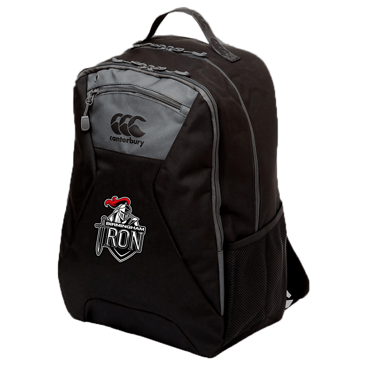 The EMB Canterbury Birmingham Iron Women's Football Medium Backpack features a black and gray design, top handle, side mesh pocket, padded laptop pocket, water repellent fabric, and a front Birmingham Iron logo patch.