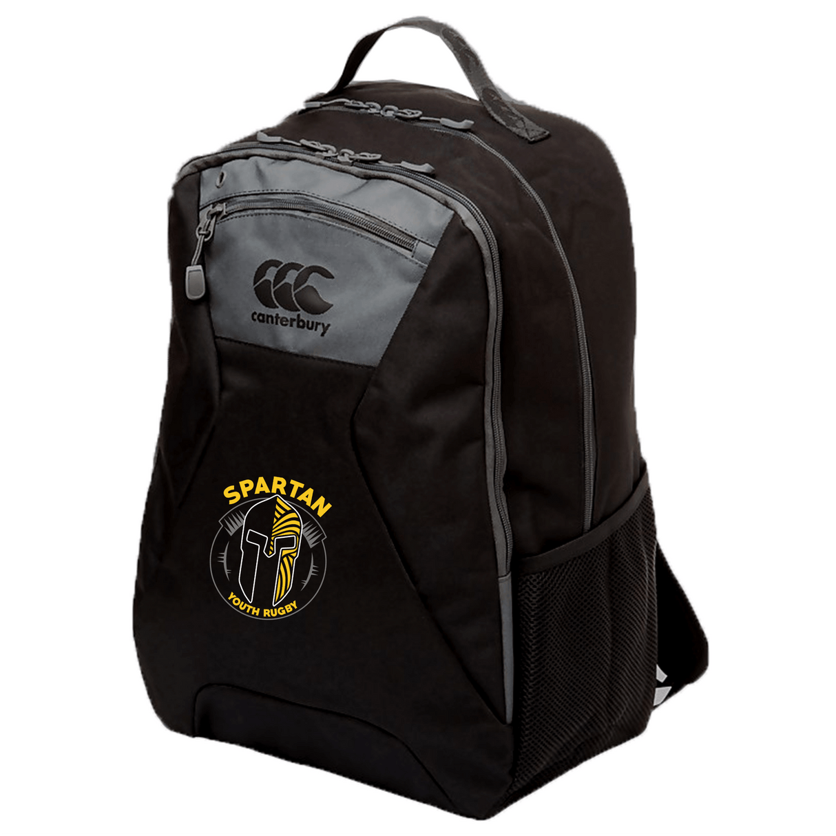 The Spartan Youth Rugby Medium Backpack by EMB Canterbury features a black design with gray accents, "Spartan Youth Rugby" logo, mesh side pocket, padded laptop pocket, stands upright, and is water repellent for easy access and durability.