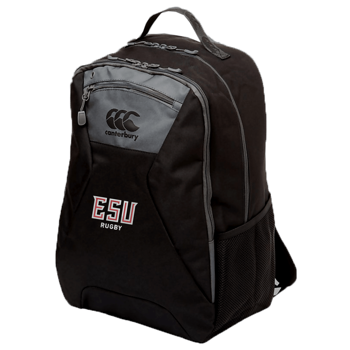 The East Stroudsburg University Medium Backpack by Canterbury features a black design with gray accents, side mesh pocket, water-repellent fabric, padded laptop pocket, and an "ESU Rugby" logo on the front.