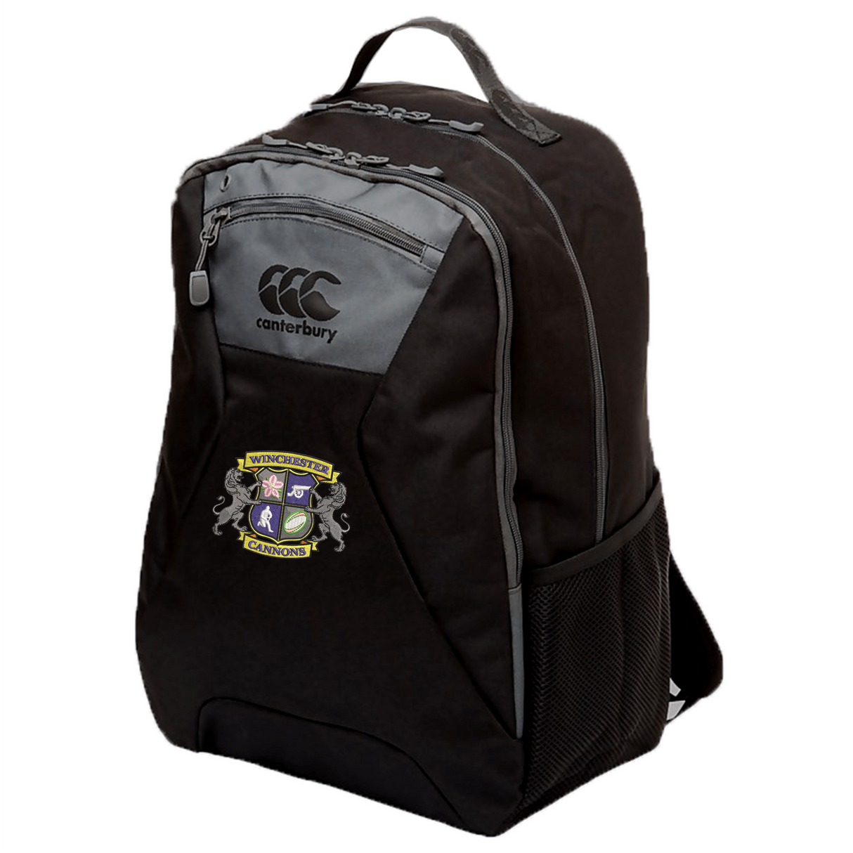 The EMB Canterbury Winchester Cannons Medium Backpack features a padded laptop pocket, front zipper pocket, gray accents, mesh side pocket, and displays the Winchester Cannons crest on the front.