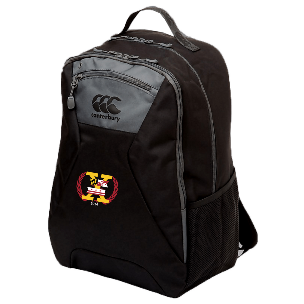 Potomac Exiles Rugby Club Medium Backpack by Canterbury in black, featuring mesh side pockets, grey zippers, and a vibrant club-themed patch with a large "M" and laurel on the front. This water-repellent EMB Canterbury backpack includes a padded laptop pocket for secure storage of your essentials.