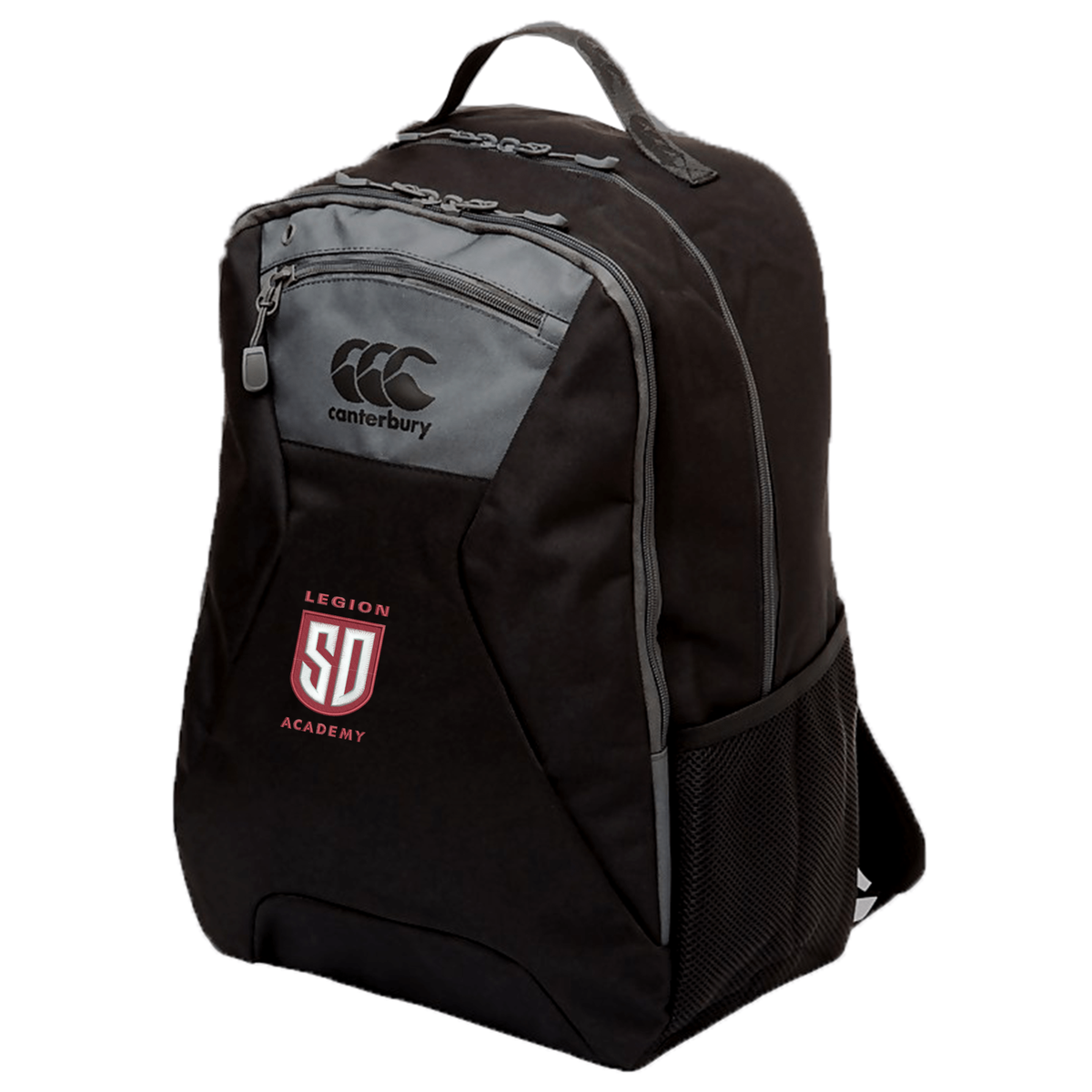Black and grey water-repellent Legion Academy Medium Backpack by Canterbury with a top handle, zippered front pocket, and a Legion Academy logo on the front.