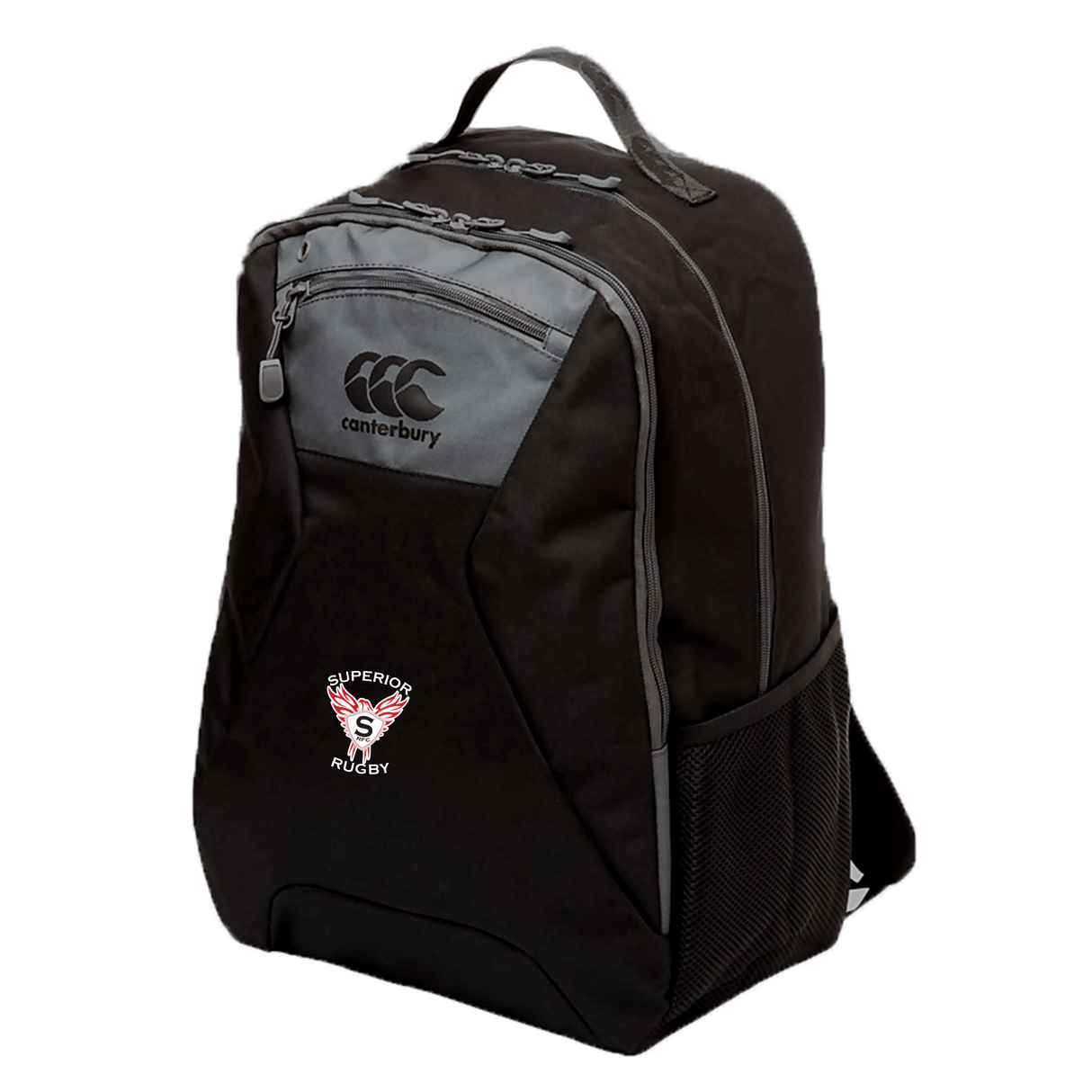 The Superior Rugby Club Medium Backpack by EMB Canterbury is black, with a front zipper pocket, side mesh pocket, padded laptop pocket, and a "Superior Rugby" logo patch on the front.