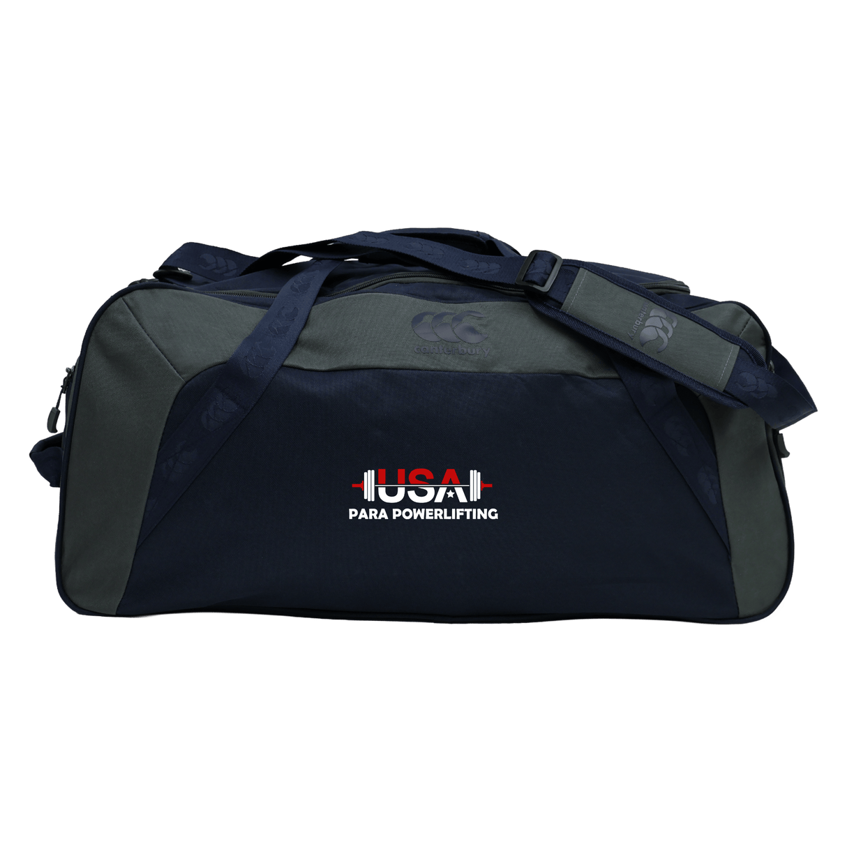 The USA Para Powerlifting Holdall Duffle Bag by EMB Canterbury features a dark blue and gray, water-repellent design with "USA Para Powerlifting" and a barbell graphic, blending rugby-level durability with athletic style.