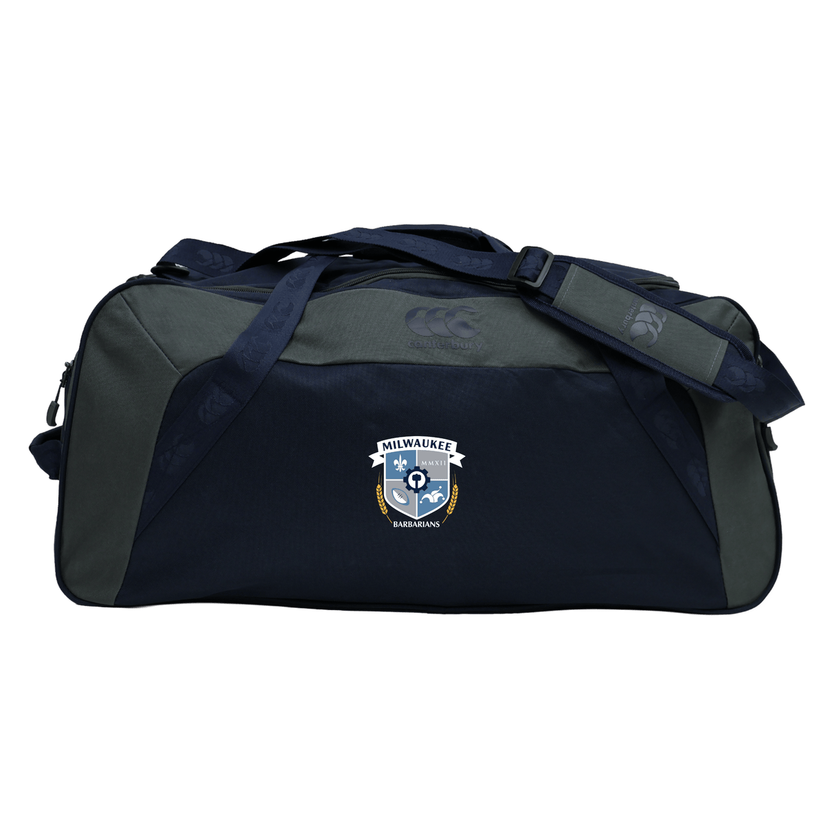 The EMB Canterbury Milwaukee Barbarians Rugby Holdall Duffle Bag features a dark blue and gray water-repellent design, shoulder straps, and the rugby club logo on the front.