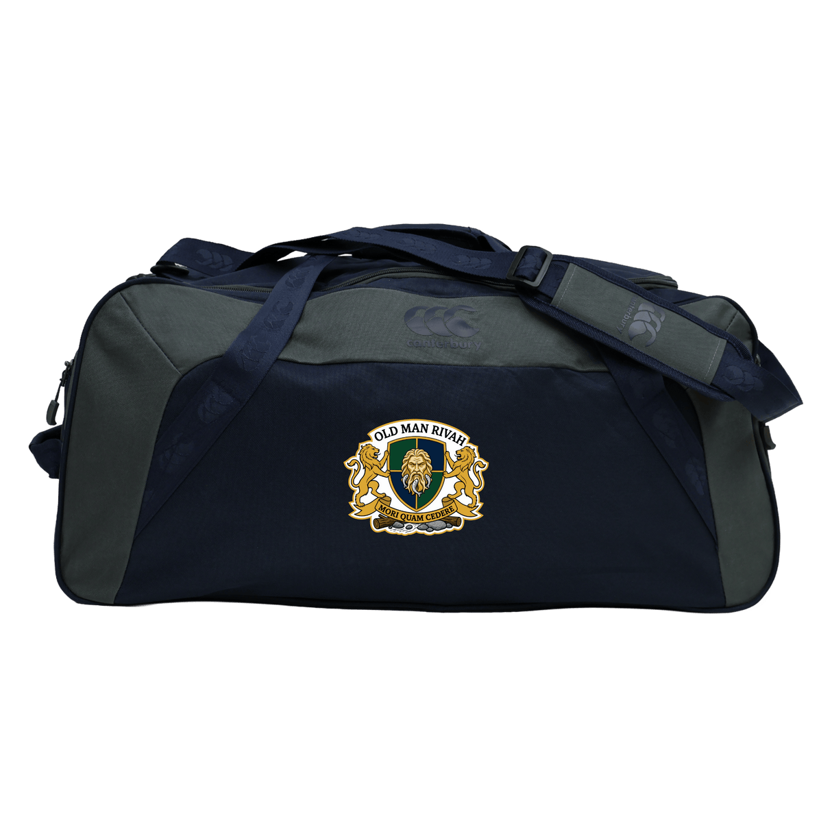 The EMB Canterbury Old Man Rivah Rugby Holdall Duffle Bag features navy and gray colors, water-repellent finish, shoulder and hand straps, and a front crest logo reading "Old Man Rivah".