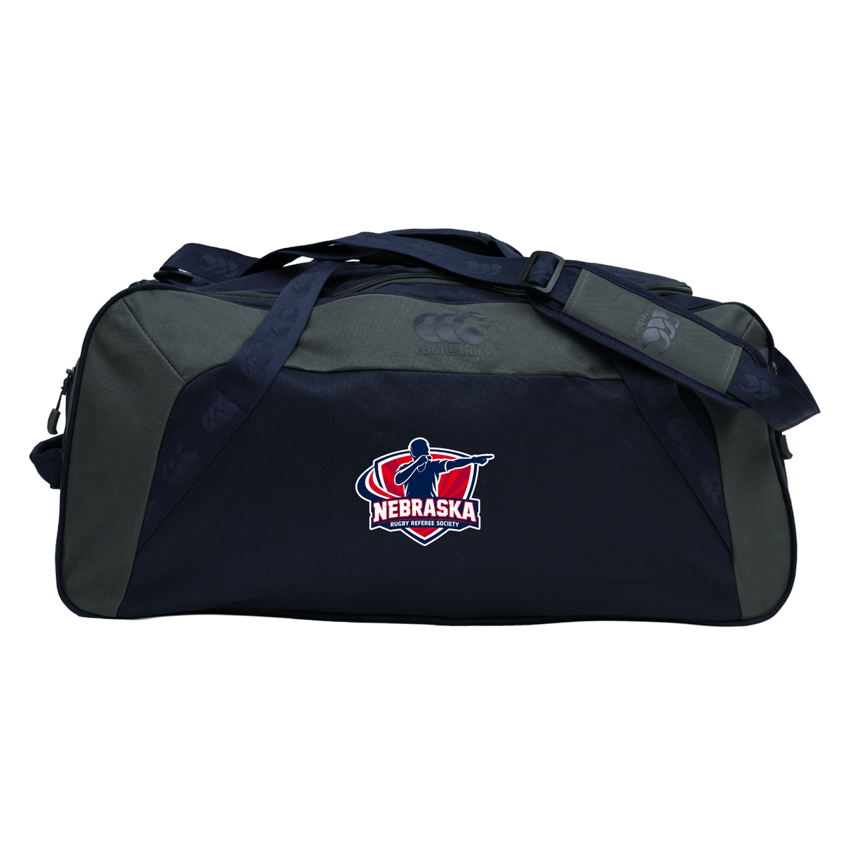 Carry your rugby essentials in the EMB Canterbury Nebraska Rugby Referee Society Holdall Duffle Bag—black and dark gray, water-repellent, with shoulder straps and a side logo.