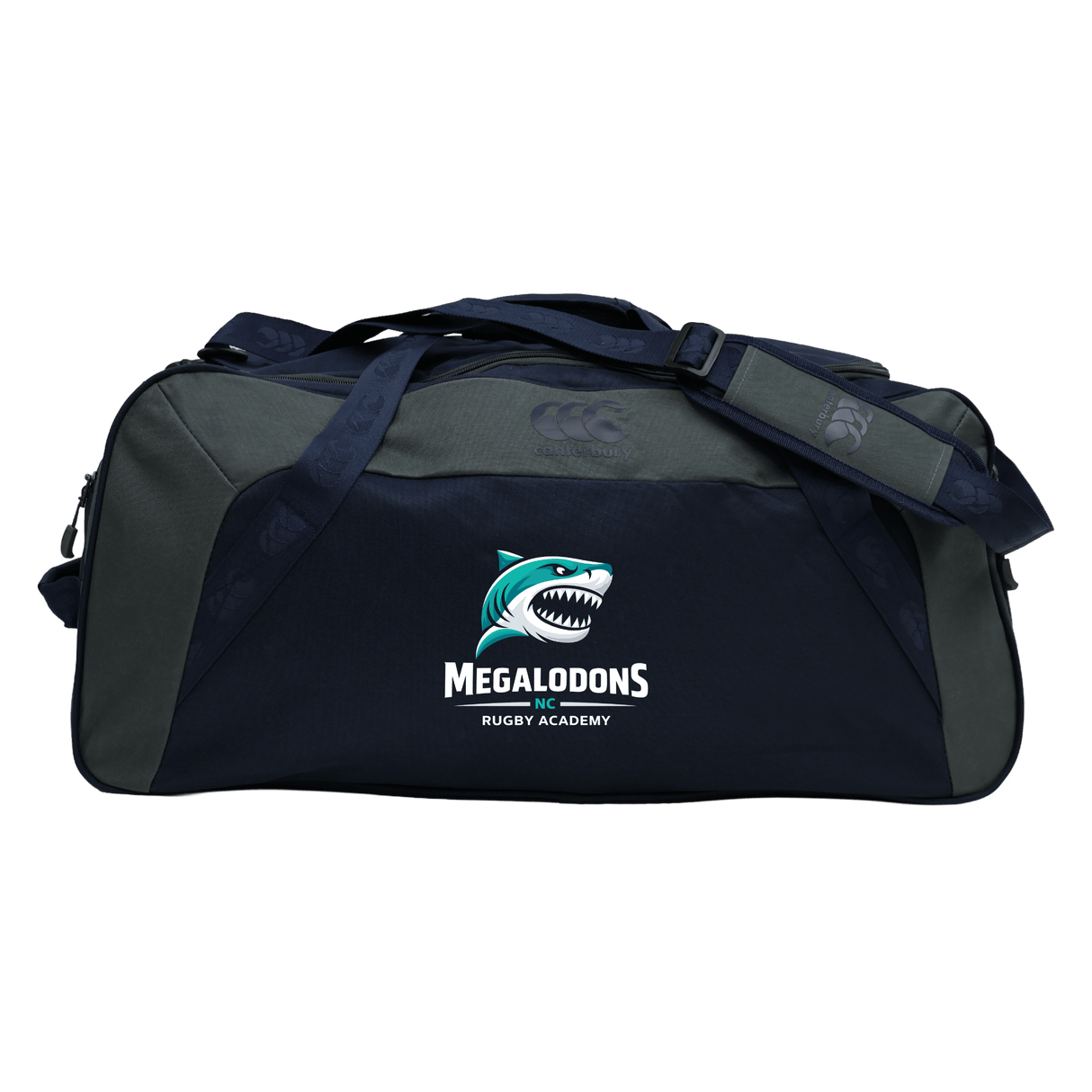 The NC Rugby Academy - Megalodons Holdall Duffle Bag by EMB Canterbury is a dark blue and gray, water-repellent gym bag with a shark logo—ideal for rugby practice or travel.