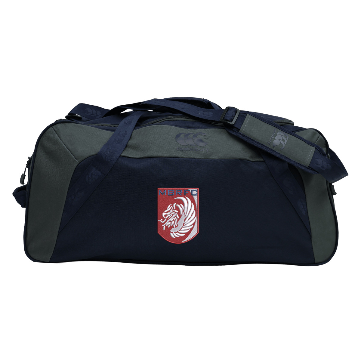 The Montgomery Bucks Griffins Holdall Duffle Bag by EMB Canterbury is a large navy and grey bag with a shoulder strap and red/white MBRFC lion logo, featuring water-repellent fabric to keep your rugby gear protected.
