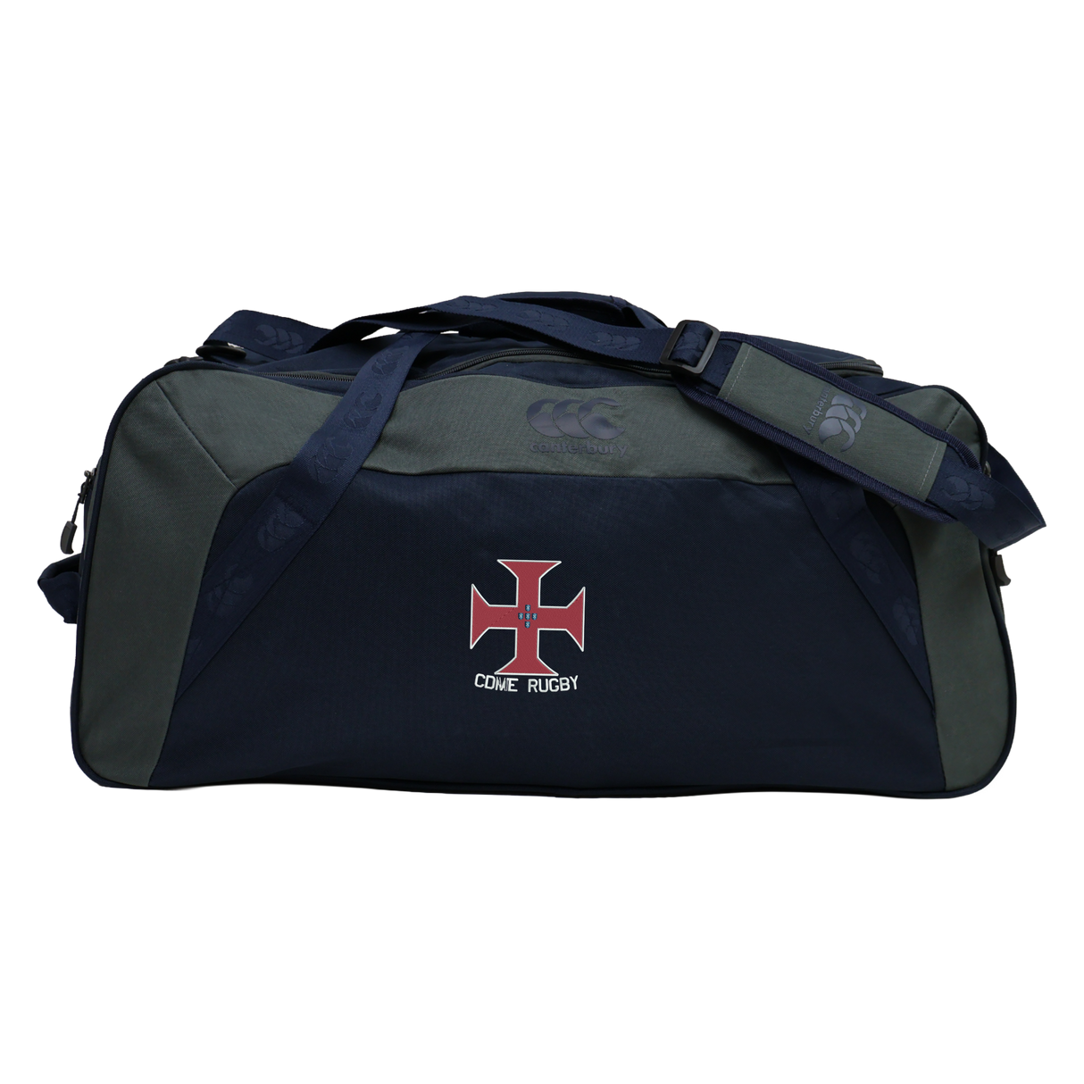 Introducing the SF CDME Rugby Holdall Duffle Bag by Canterbury. This large, navy blue and gray duffle from EMB Canterbury features a convenient shoulder strap, bold red and white cross logo, and prominent "COVE RUGBY" text on the front. Designed as a practical, water-repellent holdall, it’s ideal for keeping your rugby gear dry on and off the field.