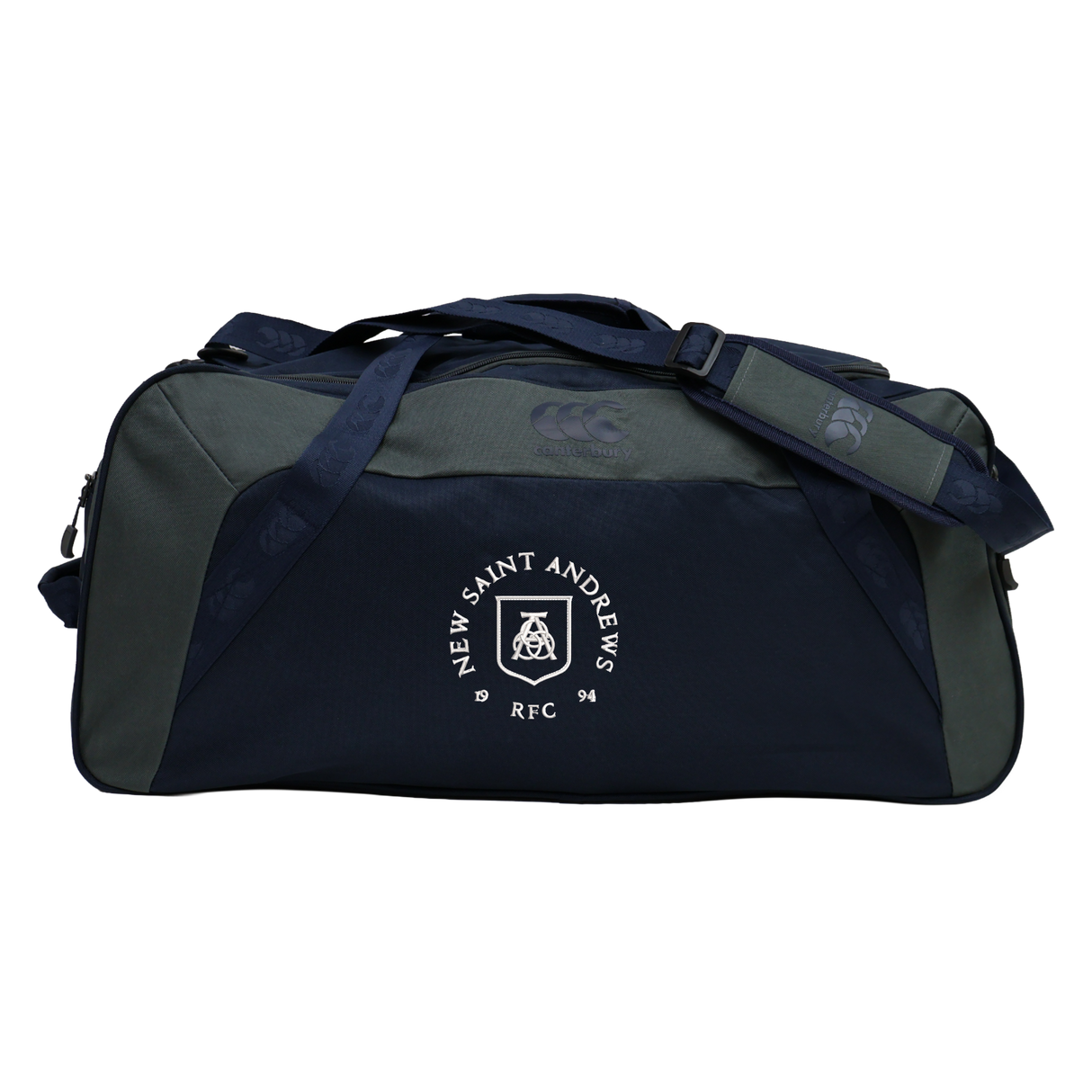 Introducing the New Saint Andrews College Holdall Duffle Bag by Canterbury, a durable and water-repellent rugby holdall from EMB Canterbury. This navy and gray gym bag features “New Saint Andrews RFC” and a distinctive white logo printed on the front pocket, making it the perfect choice for protecting and organizing your gear.