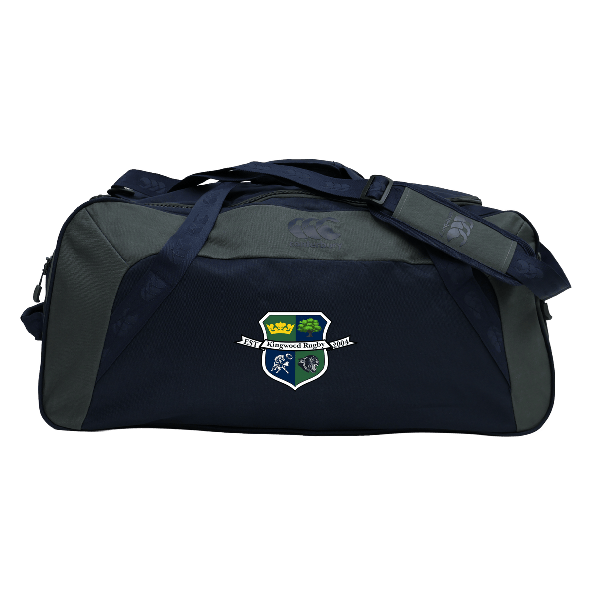 The Kingwood Rugby Holdall Duffle Bag by EMB Canterbury is a dark blue and gray, water-repellent bag with a shoulder strap and a crest logo of a crown, tree, and sports figures on the front—ideal for rugby essentials.