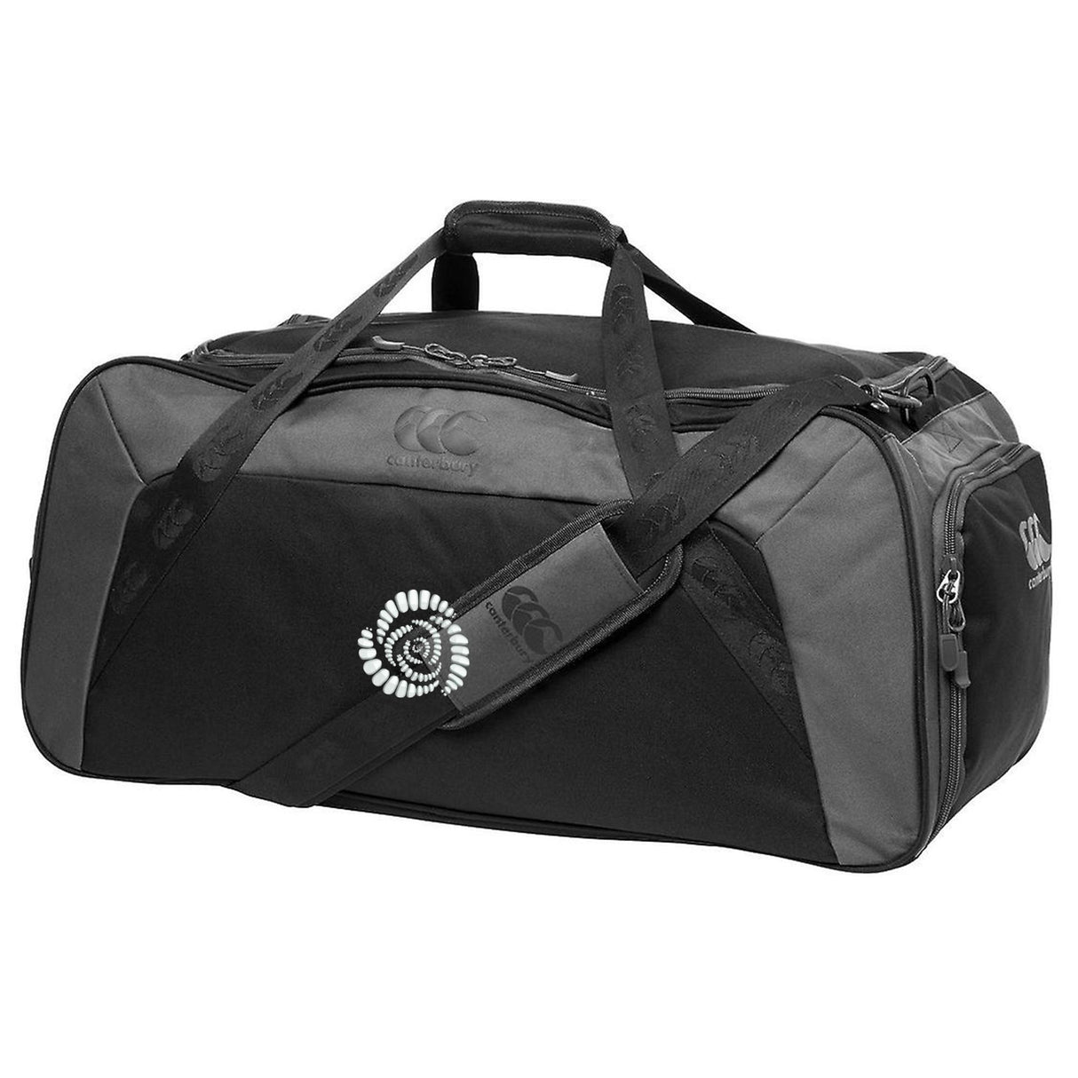 The Missoula All-Maggots Holdall Duffle Bag by EMB Canterbury features a black and gray design with dual handles, a shoulder strap, zippered pockets, and a small white circular logo on the strap. This rugby bag is water repellent, ensuring your gear stays protected in any weather.