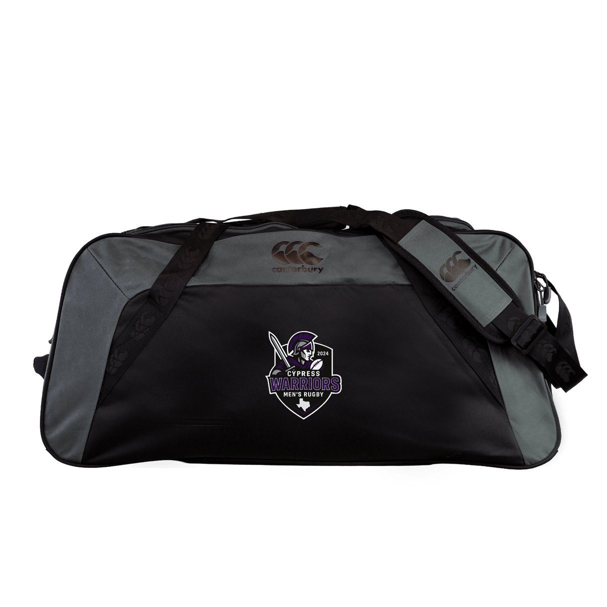 The EMB Canterbury Cypress Warriors Men's Rugby Holdall Duffle Bag is a large black and gray water-repellent duffle with shoulder straps, featuring a purple and white "Warriors" logo on the front.