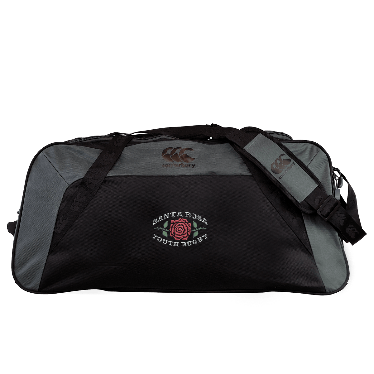 The Santa Rosa Youth Rugby Holdall Duffle Bag by EMB Canterbury is a black and gray water-repellent duffle featuring “Santa Rosa Youth Rugby” and a red rose logo on the front. Combining classic rugby holdall durability with modern style, this bag showcases signature Canterbury branding.