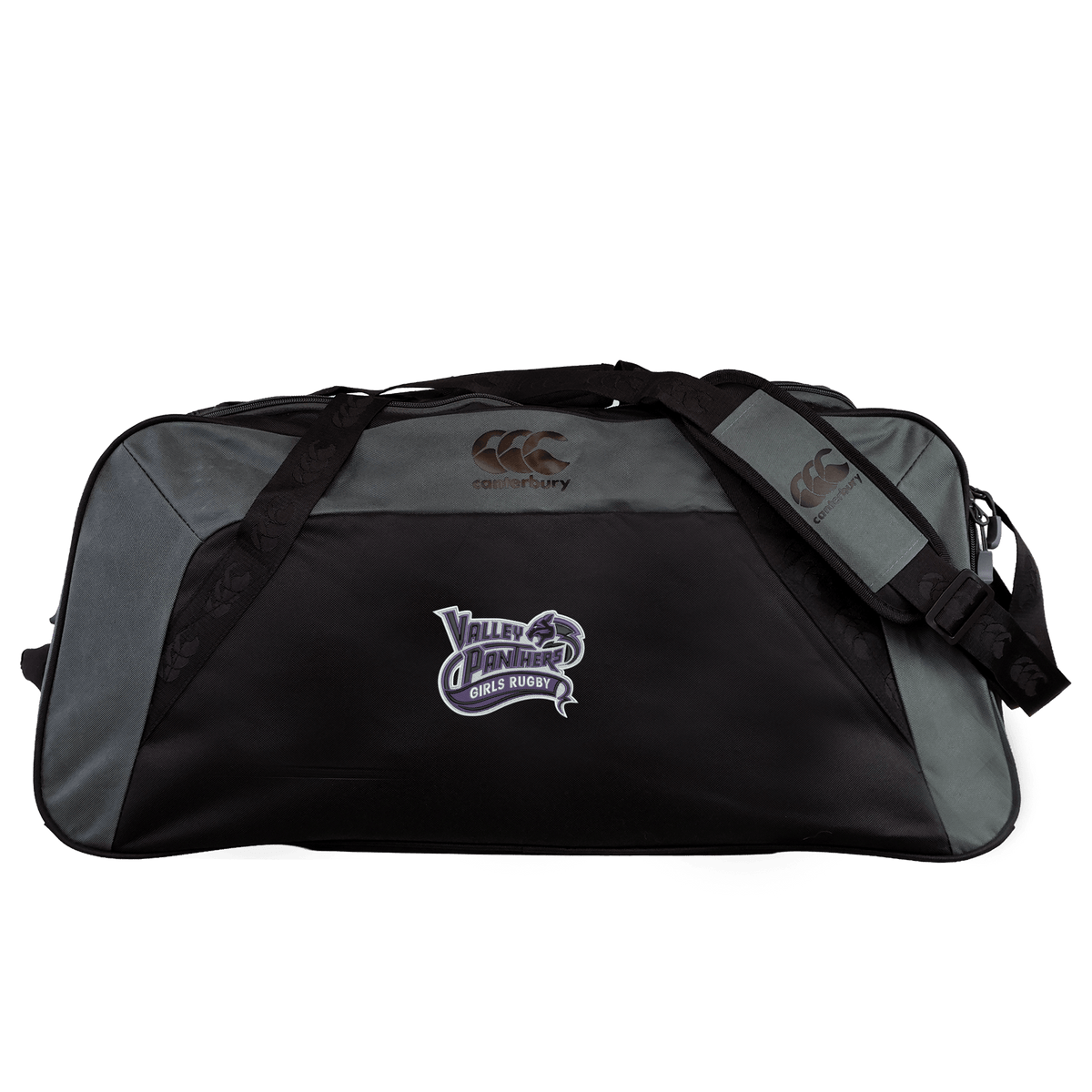 The Valley Panthers Girls Rugby Holdall Duffle Bag by Canterbury features a gray and black design with the “Valley Panthers Girls Rugby” logo, as well as Canterbury branding on the strap and top. Made by EMB Canterbury, this water-repellent rugby bag combines durability and style, making it an ideal choice for athletes on the move.