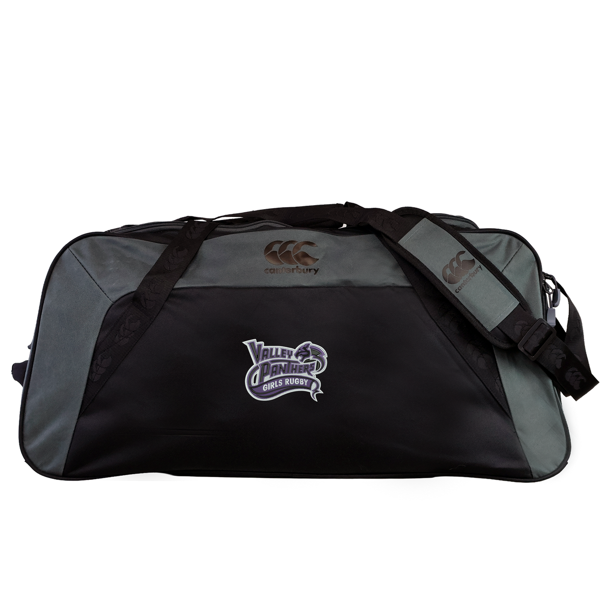 The Valley Panthers Girls Rugby Holdall Duffle Bag by Canterbury features a gray and black design with the “Valley Panthers Girls Rugby” logo, as well as Canterbury branding on the strap and top. Made by EMB Canterbury, this water-repellent rugby bag combines durability and style, making it an ideal choice for athletes on the move.