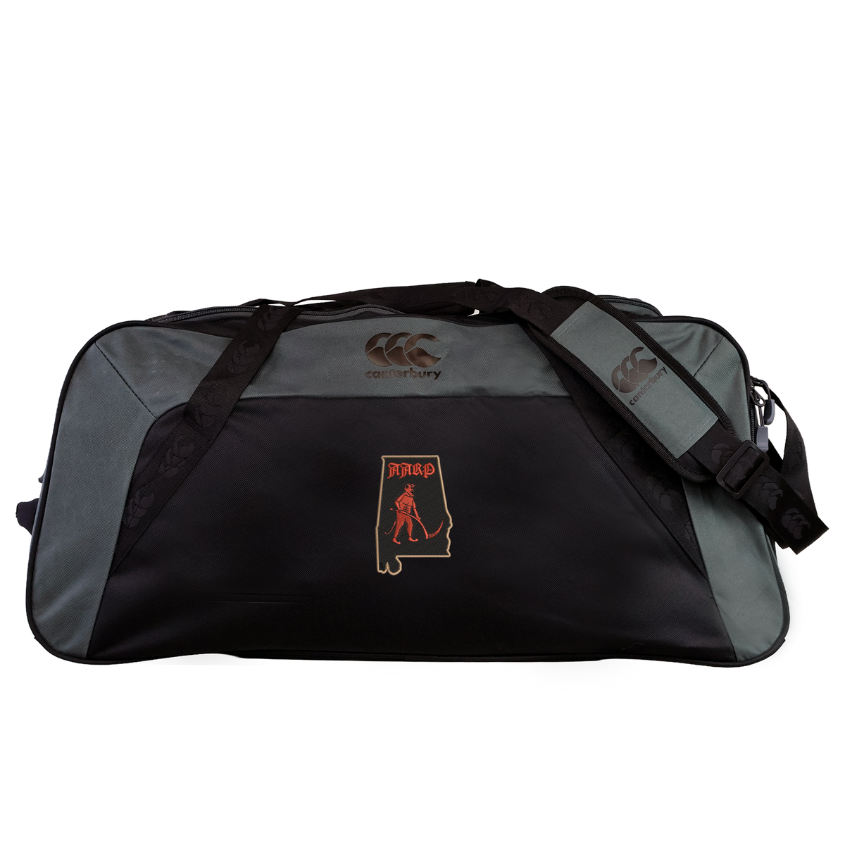 Water-repellent EMB Canterbury Aging Alabama Rugby Players Holdall Duffle Bag in black and grey with a University of Alabama logo patch.