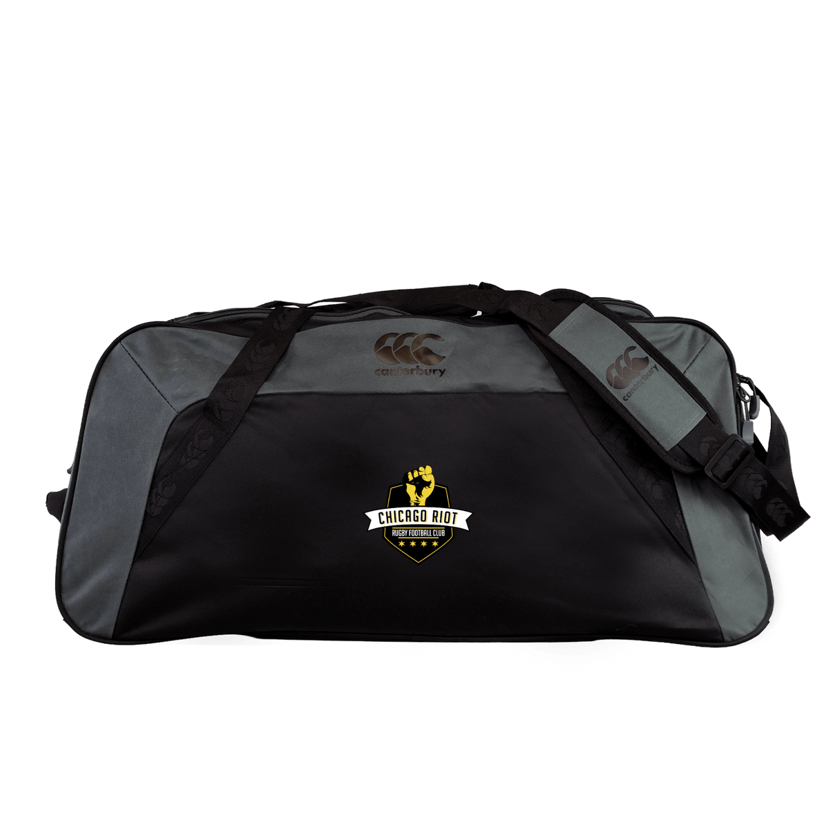 The Chicago Riot Holdall Duffle Bag by Canterbury, from EMB Canterbury, features a black and gray design, front "Chicago Riot Softworks" logo, padded shoulder strap, and water-repellent material for added durability.