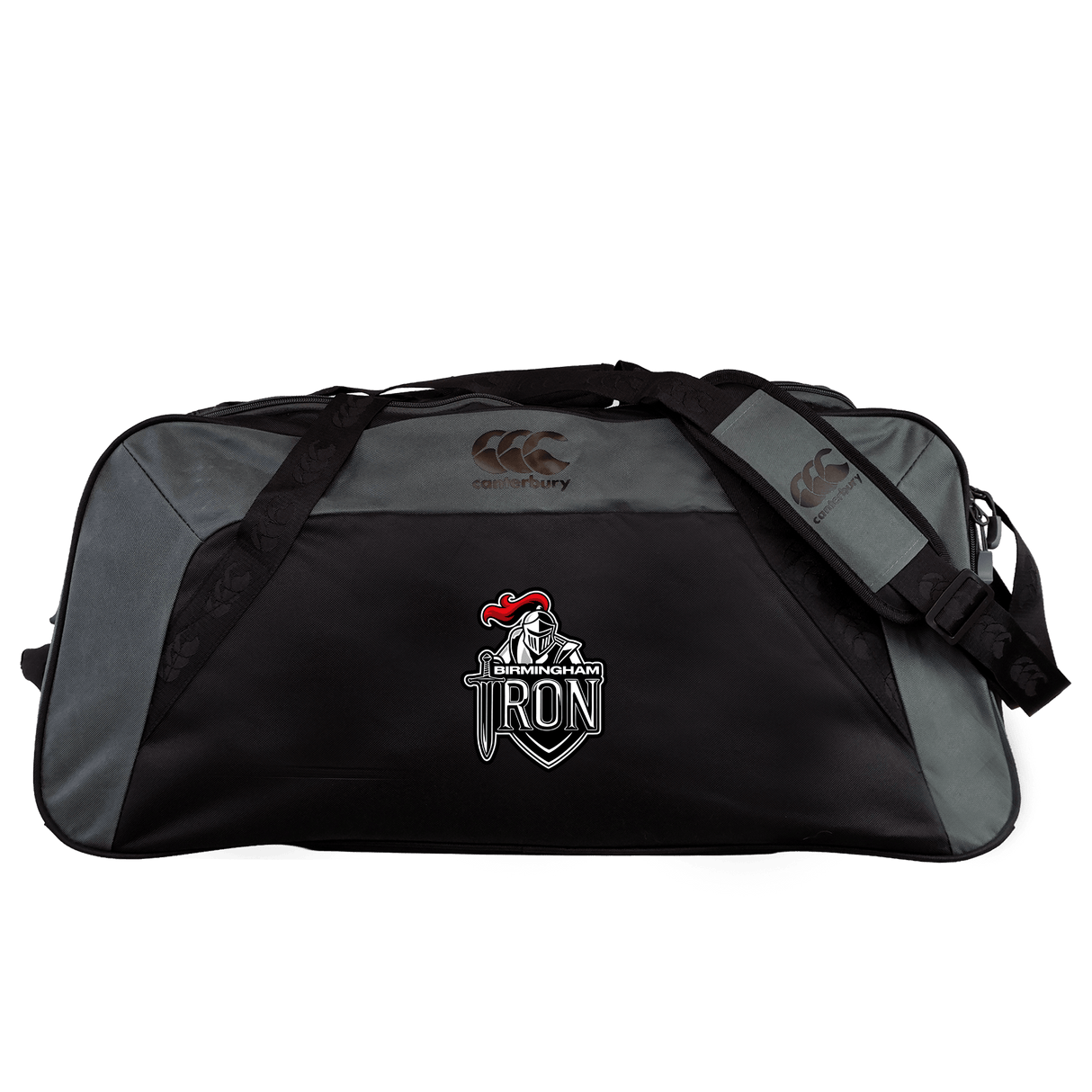 The Birmingham Iron Women's Football Holdall Duffle Bag by EMB Canterbury is a large, water-repellent black and gray duffle, ideal for rugby, featuring the Canterbury logo and an embroidered "IRON" emblem with a knight in armor.