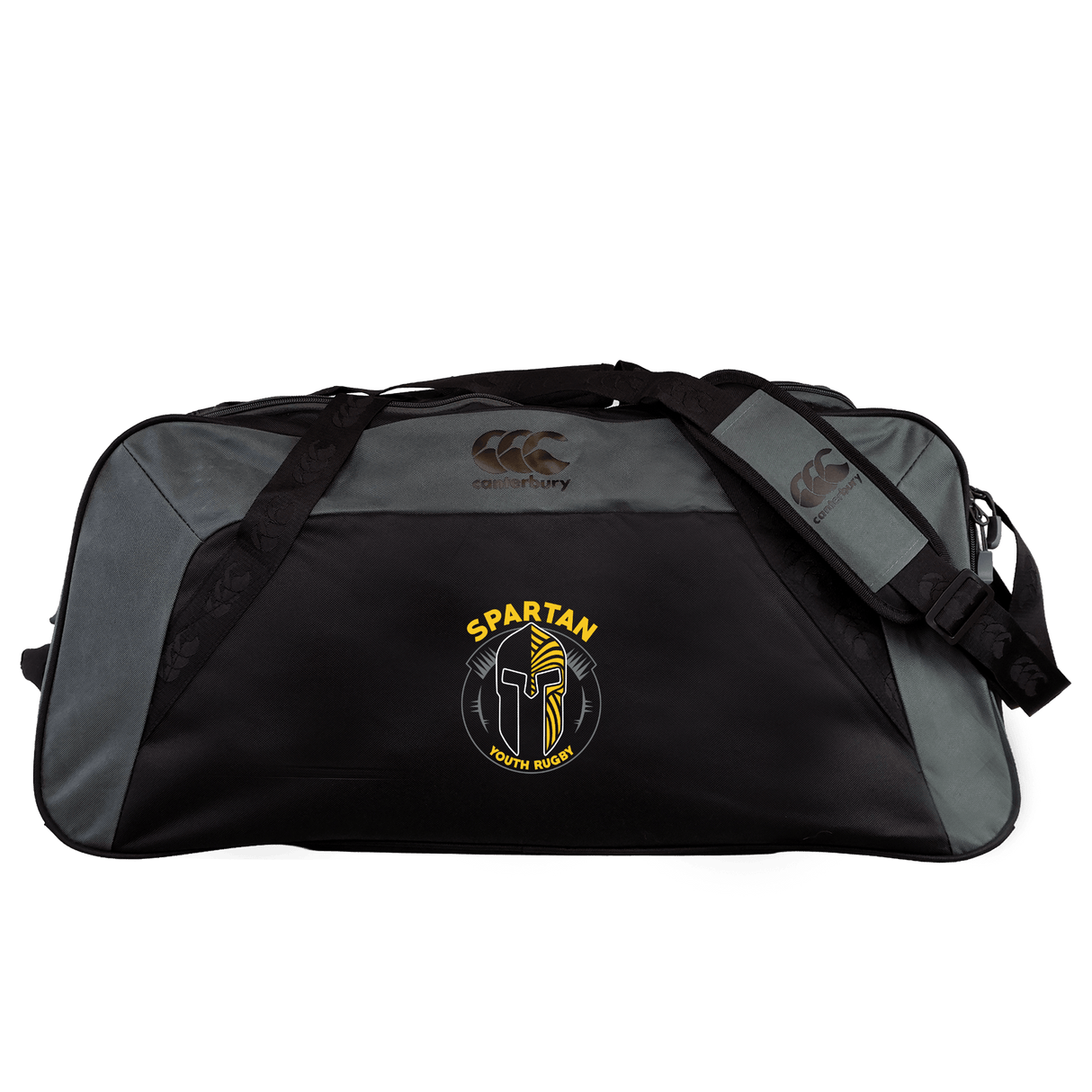 The Spartan Youth Rugby Holdall Duffle Bag by EMB Canterbury is a black and gray water-repellent duffle with a padded shoulder strap and "Spartan Youth Rugby" logo, ideal for rugby gear. Shown on a plain white background.