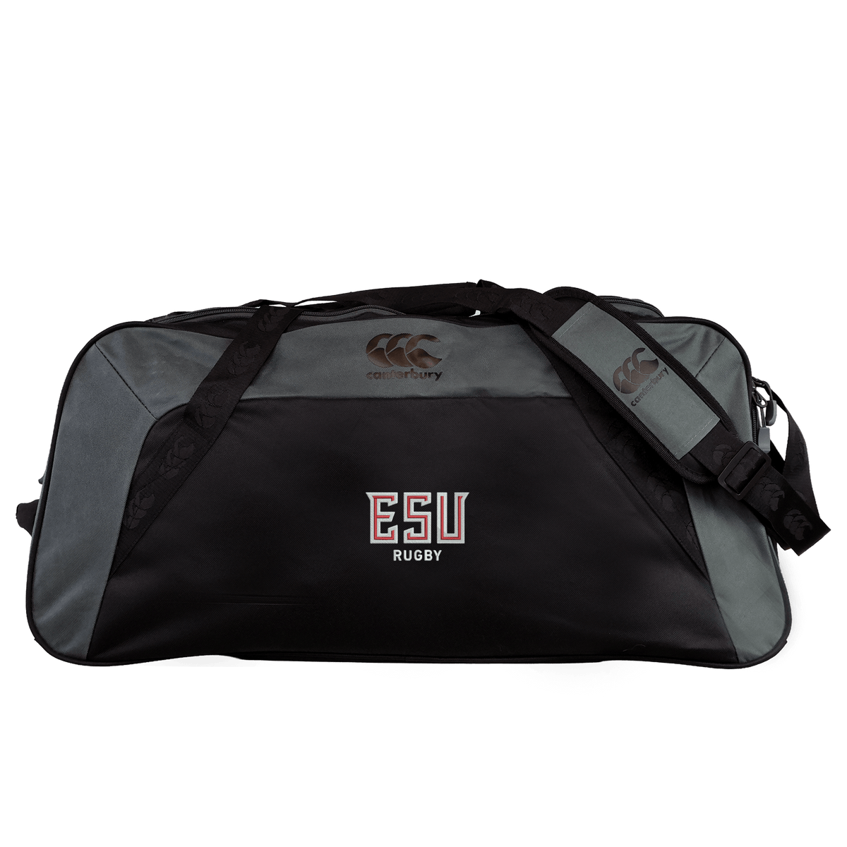 The East Stroudsburg University Holdall Duffle Bag by EMB Canterbury is a black and gray water-repellent rugby duffle with "ESU Rugby" embroidered on the front pocket, shown against a plain white background.