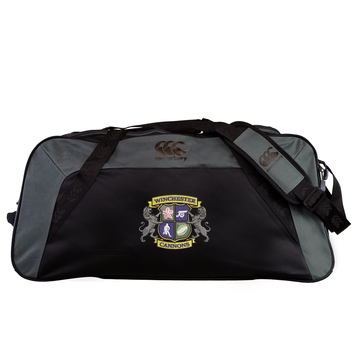 The Winchester Cannons Holdall Duffle Bag by EMB Canterbury features a black and gray design, club crest, padded shoulder strap, and water-repellent fabric—ideal for carrying your rugby gear.