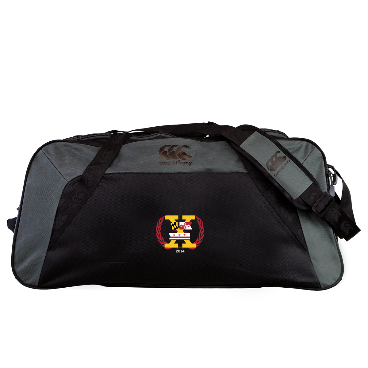 The Potomac Exiles Rugby Club Holdall Duffle Bag by Canterbury, from EMB Canterbury, is a black and gray rugby duffle bag featuring the club logo with a yellow "Y" and a red laurel wreath on the front pocket.