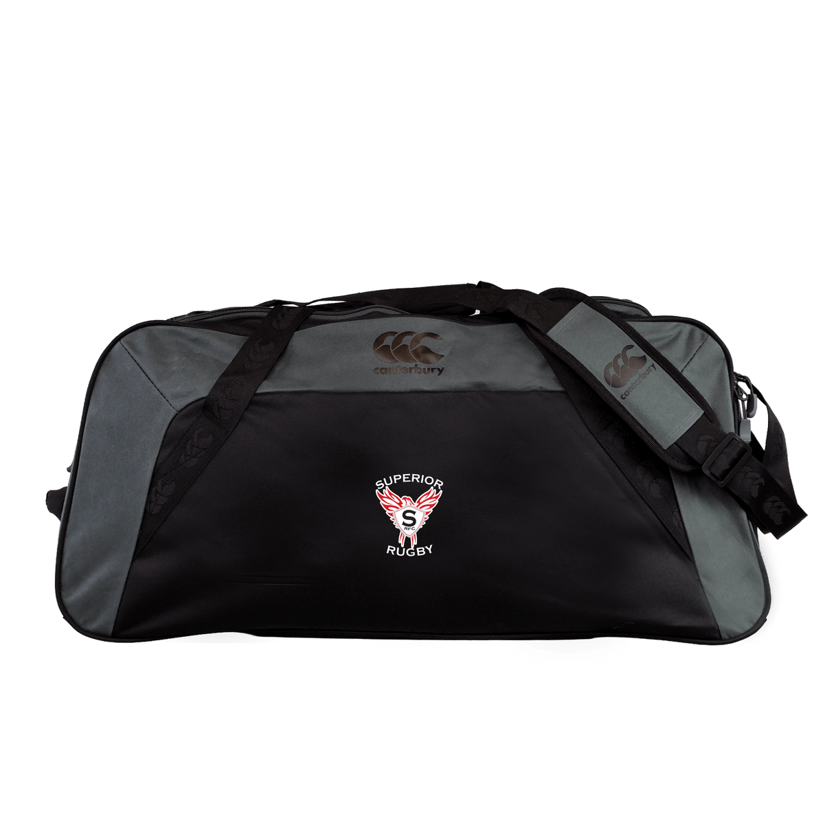 The Superior Rugby Club Holdall Duffle Bag by Canterbury (EMB Canterbury) is a black and dark grey, water-repellent duffle with zippered compartments, shoulder strap, and "Superior Rugby" logo—ideal as a rugby holdall.
