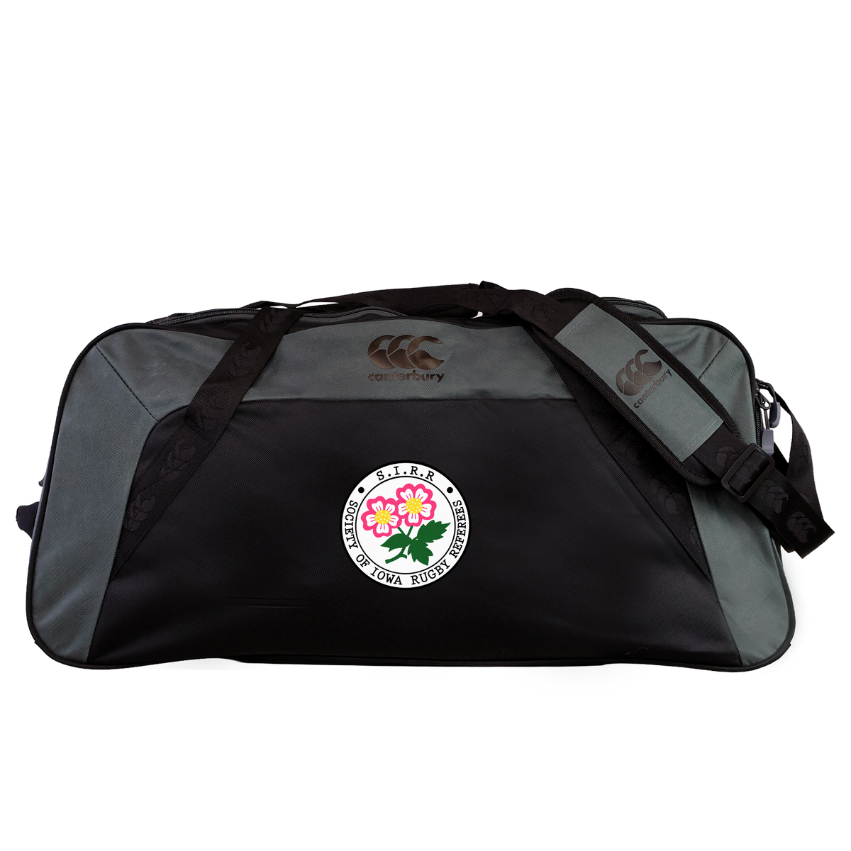 A black and gray Society of Iowa Rugby Referees Holdall Duffle Bag by EMB Canterbury, featuring a colorful floral logo and “Society of Iowa Rugby Referees” text on the front pocket, this water-repellent bag is perfect for carrying all your rugby essentials.