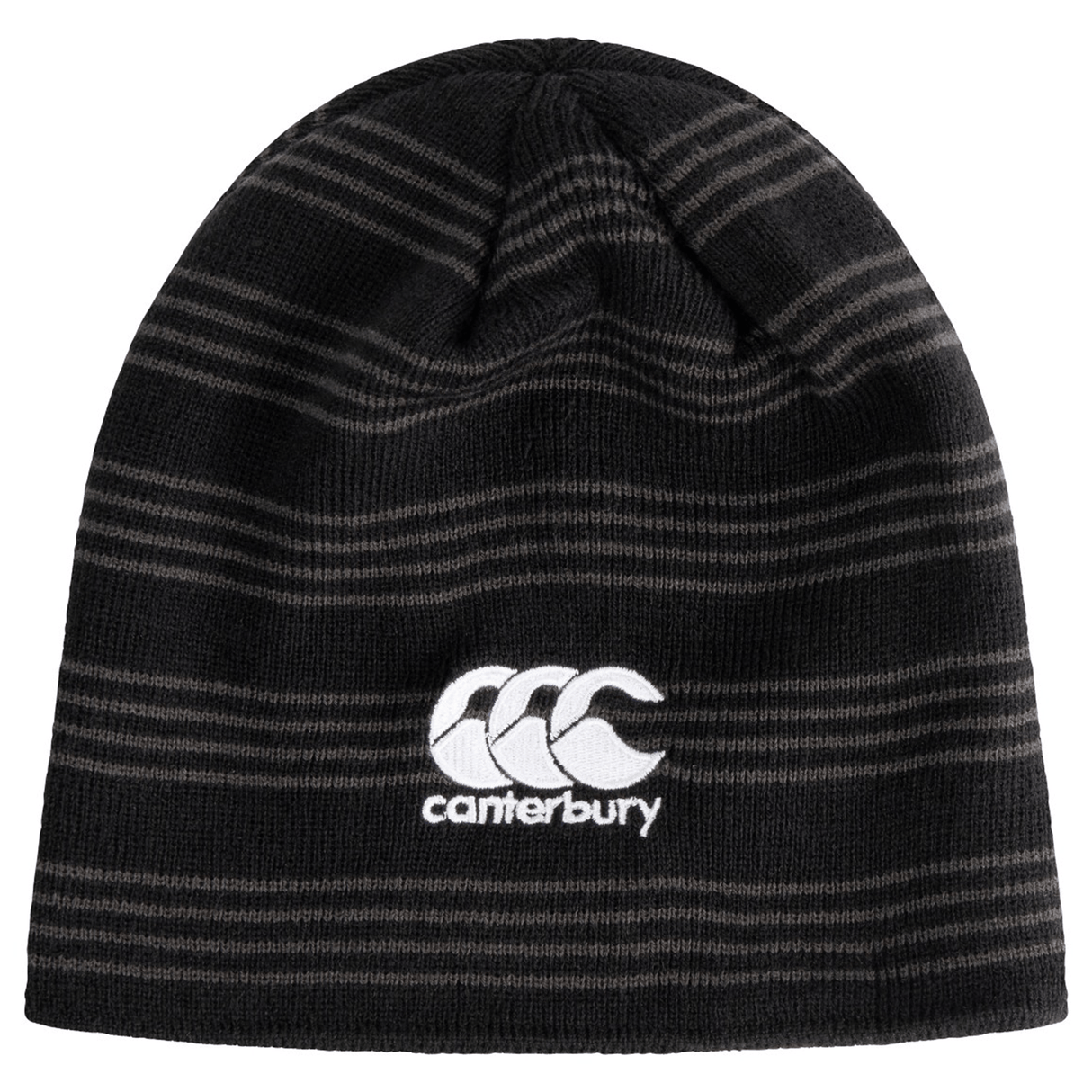The Birmingham Rugby Text Logo Beanie by EMB Canterbury features black and gray stripes and showcases the Canterbury logo and name embroidered in white on the front.