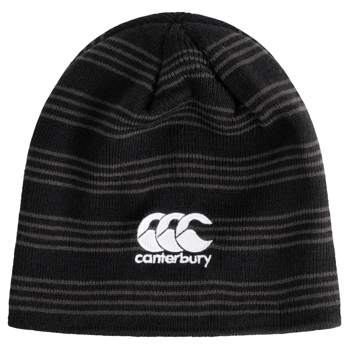 A black Canterbury Beanie with a white "Canterbury" CCC logo and three curved lines, featuring subtle horizontal stripes.