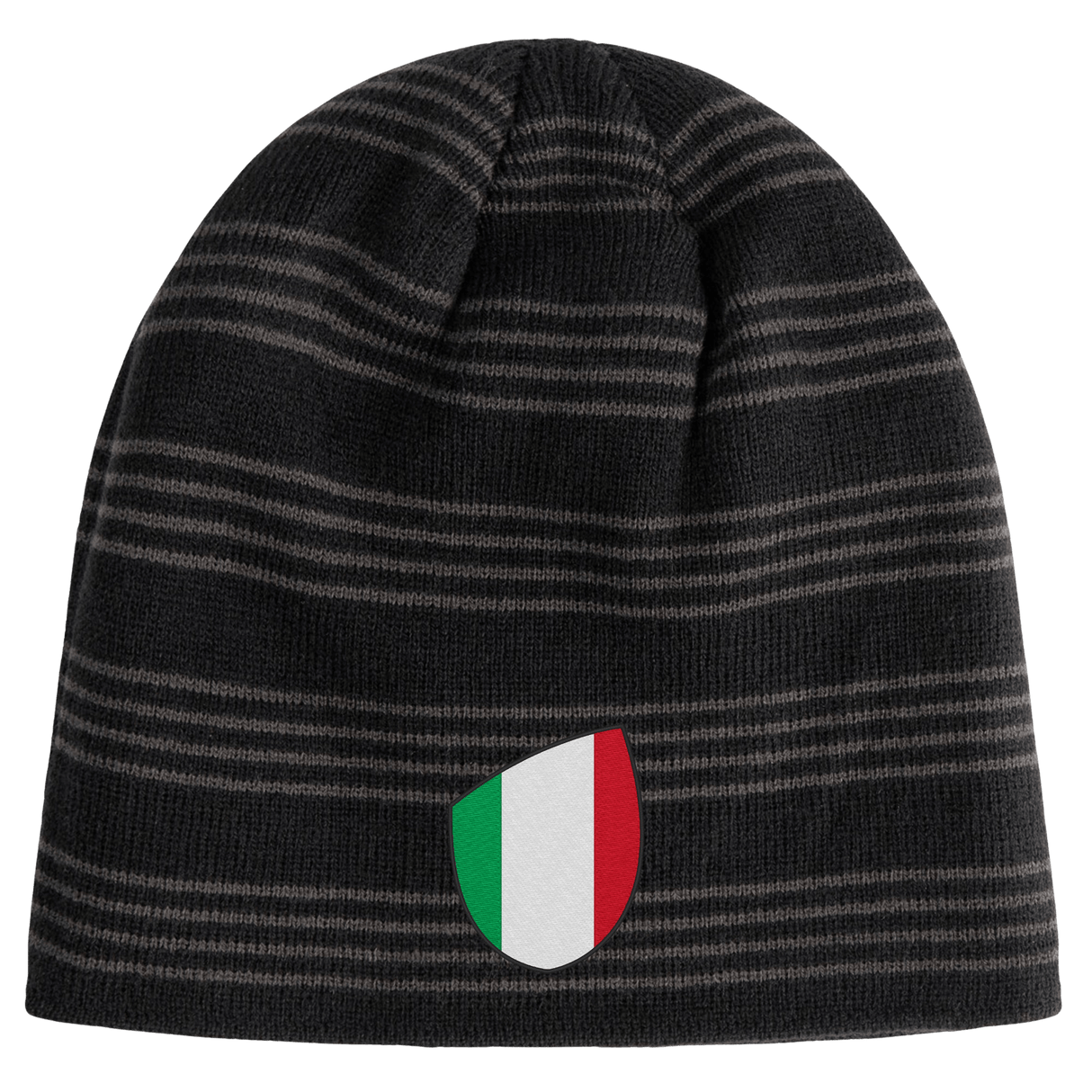 Introducing the EMB Canterbury Italy Shield Beanie—a chic black and gray striped beanie adorned with a sleek Italian flag emblem.