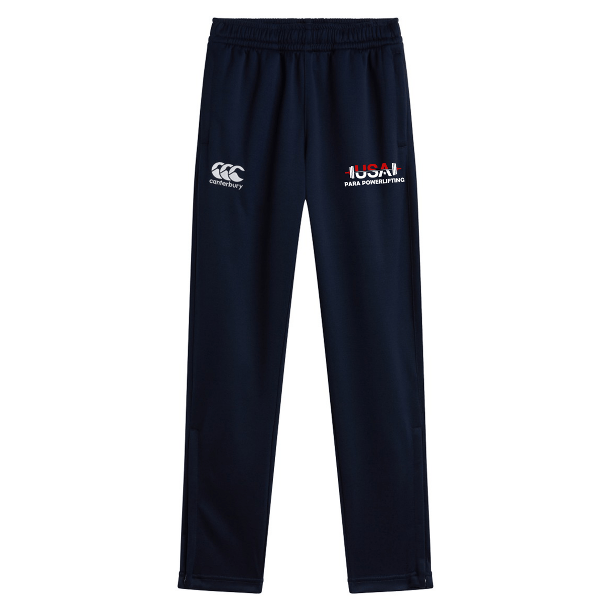 The USA Para Powerlifting Stretch Tapered Pant by EMB Canterbury features an elastic waistband, quick dry finish, and logos on the front—ideal men’s training pants for comfortable workouts.