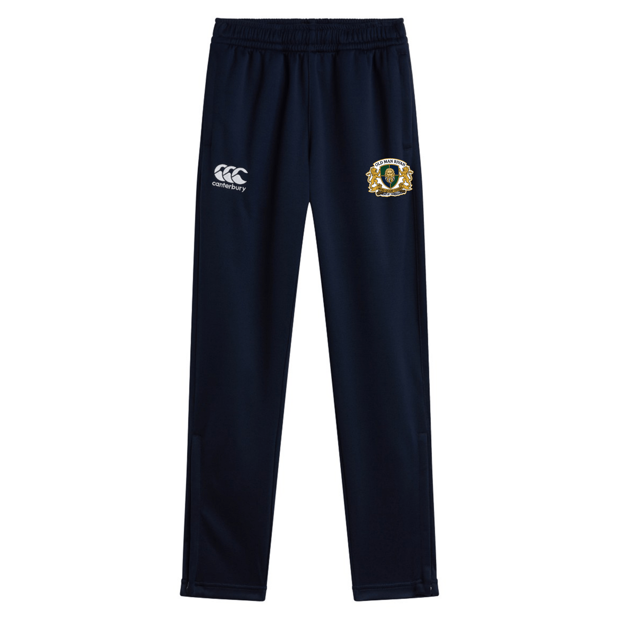The Old Man Rivah Rugby Stretch Tapered Pant by EMB Canterbury features a navy blue design, elastic waistband, white Canterbury logo on the left, yellow and green embroidered crest on the right thigh, and quick dry fabric—ideal for active sessions.