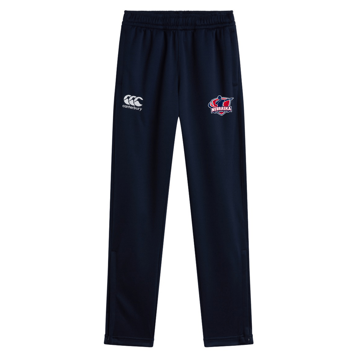 The Nebraska Rugby Referee Society Stretch Tapered Pant by EMB Canterbury features quick-dry fabric, an elastic waistband, the Canterbury logo on the left, and a Nebraska Rugby Referee Society badge on the right thigh for comfort and style.