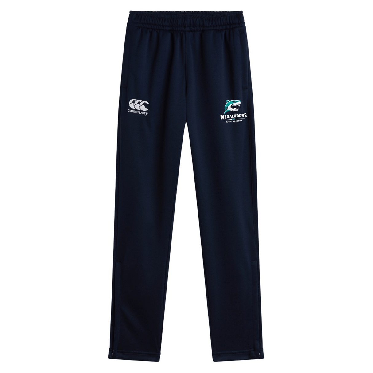 The NC Rugby Academy - Megalodons Stretch Tapered Pant by EMB Canterbury features navy blue quick-dry fabric, an elastic waistband, and white Canterbury and Missaoons logos on the upper thighs.