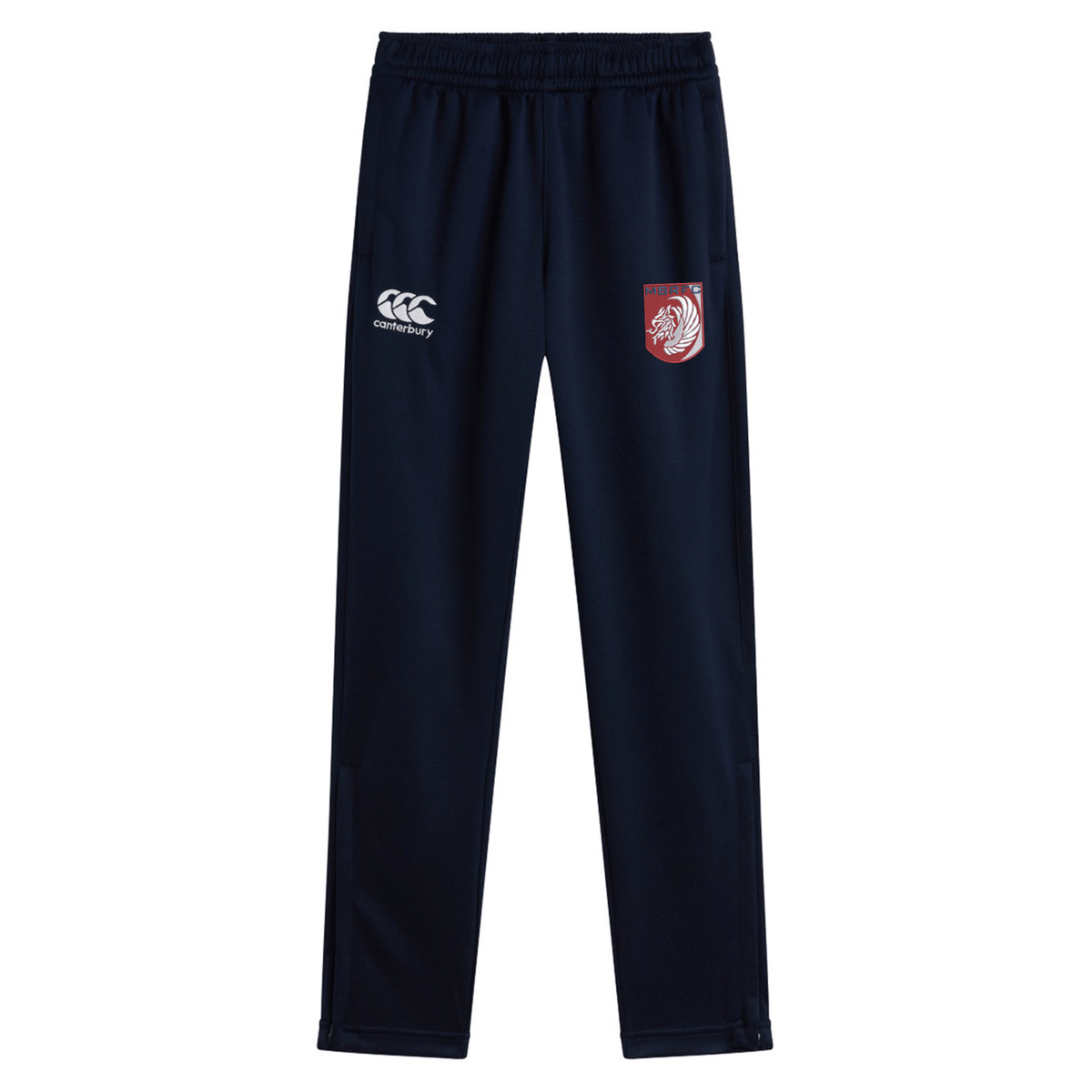 The Montgomery Bucks Griffins Stretch Tapered Pant by EMB Canterbury features an elastic waistband, white Canterbury logo, red and white lion crest, and quick-dry fabric—ideal men’s workout pants.