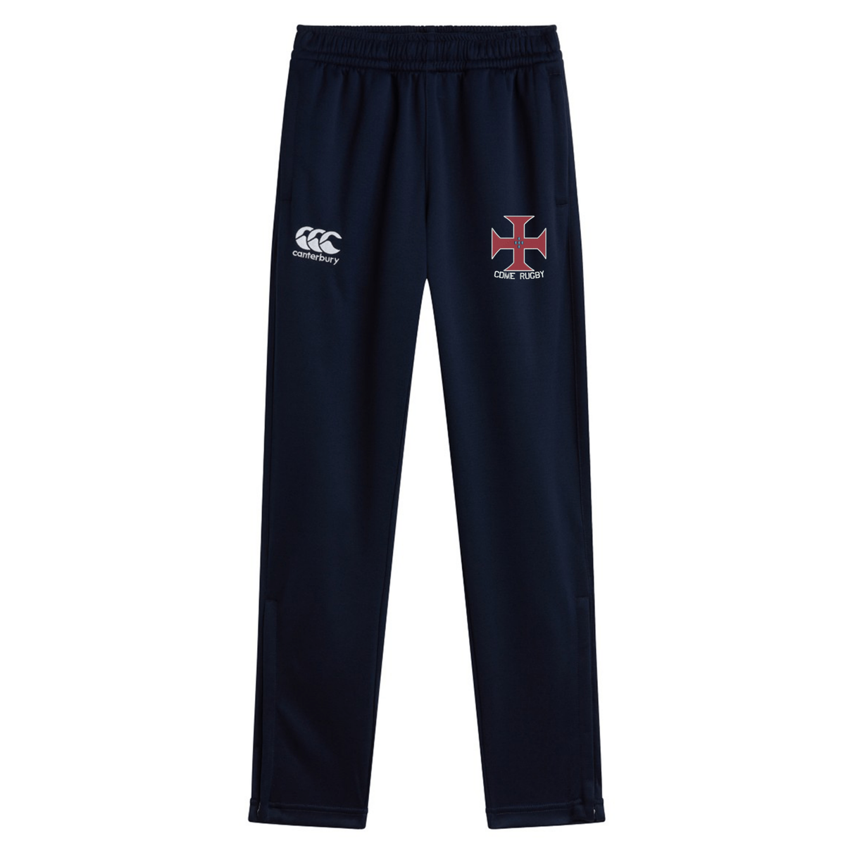 The SF CDME Rugby Stretch Tapered Pant by EMB Canterbury is a navy blue men's training pant with an elastic waist, showcasing the Canterbury logo on the left thigh and a red and white cross emblem with "CRVG" on the right thigh. Designed for comfort and quick-dry performance, these pants are perfect for all your athletic needs.