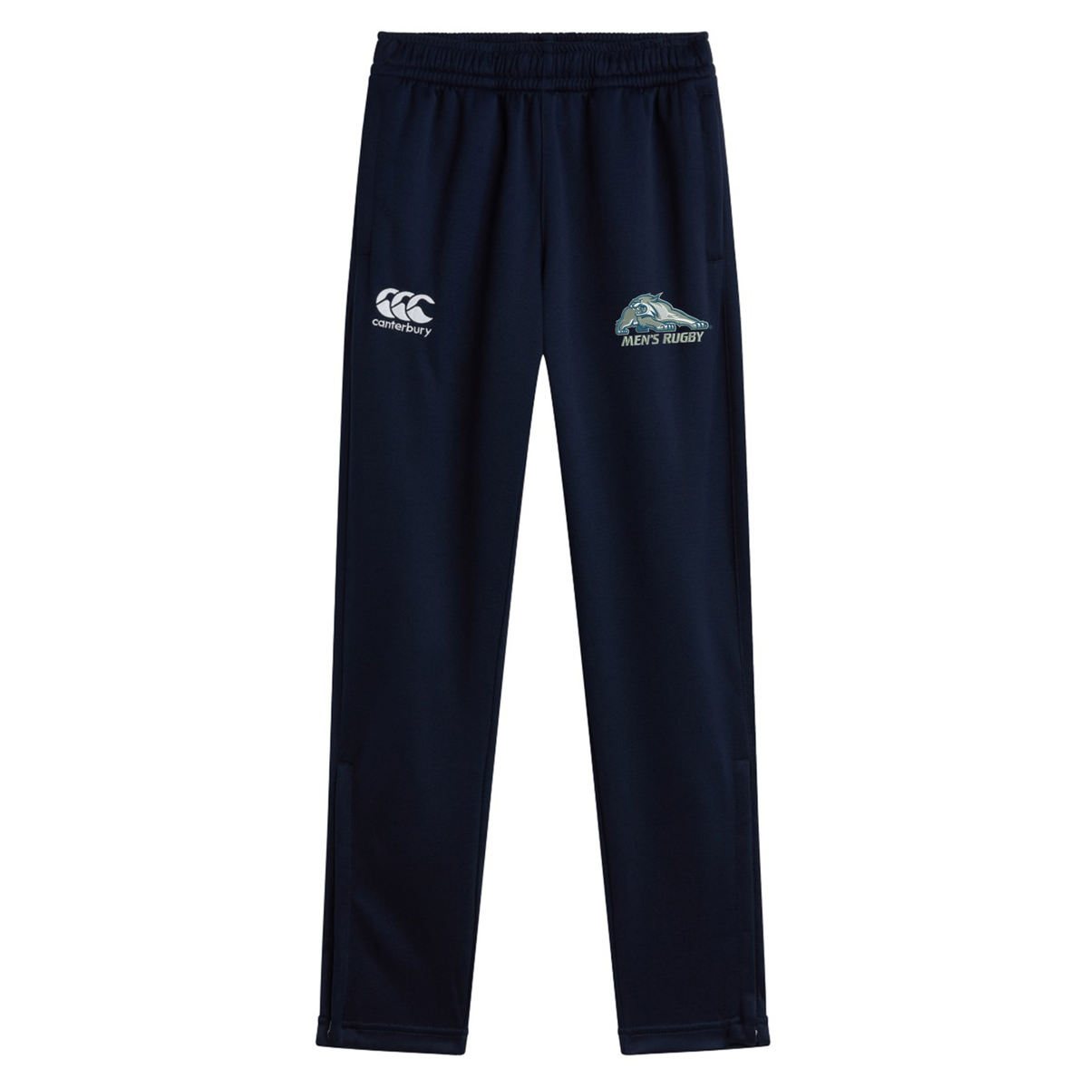 Navy blue stretch tapered University of New Hampshire Stretch Tapered Pant by Canterbury featuring a brand logo on the right hip and a university rugby team logo on the left hip.