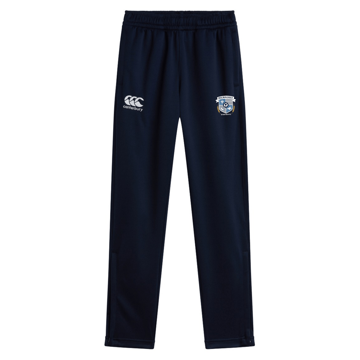 The Milwaukee Barbarians Rugby Stretch Tapered Pant by EMB Canterbury features an elastic waistband, Canterbury logo left, sports club crest right—perfect men’s training pants for any workout.