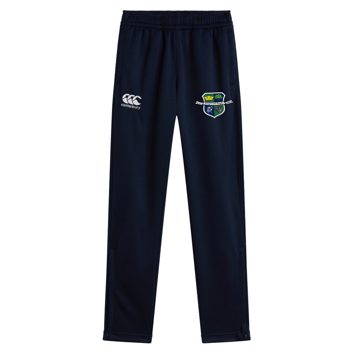 The Kingwood Rugby Stretch Tapered Pant by EMB Canterbury features an elastic waistband, white Canterbury logo on the left, and a green/blue shield on the right thigh—ideal men’s quick-dry workout pants for comfort.