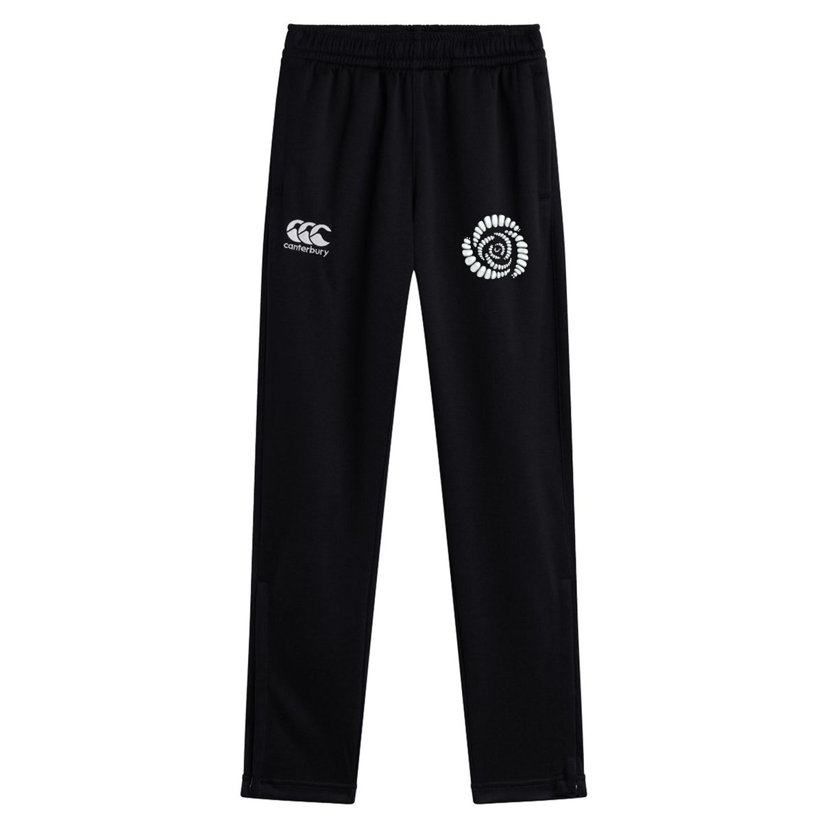 Missoula All-Maggots Stretch Tapered Pant by EMB Canterbury, these men’s black athletic track pants feature an elastic waistband and two white logos on the upper thighs, laid flat against a white background.