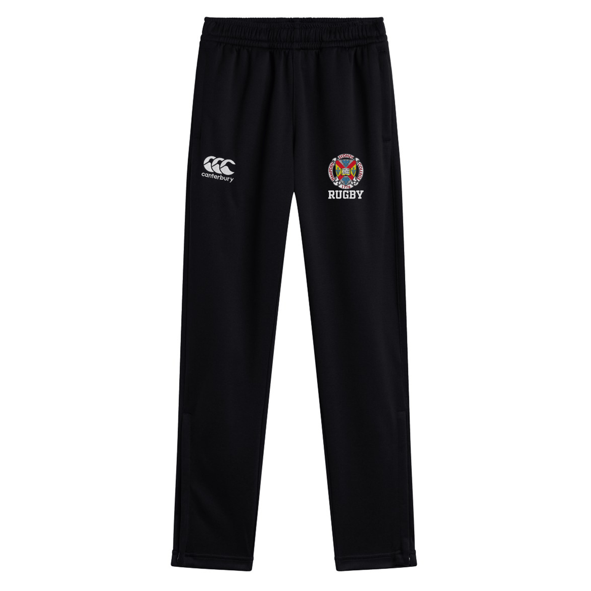 The Hampden Sydney College Stretch Tapered Pant by Canterbury features an elastic waistband, the CCC logo on the left thigh, and an embroidered rugby emblem on the right thigh. These black track pants from EMB Canterbury are perfect for any workout, offering both style and comfort with their stretch tapered design.