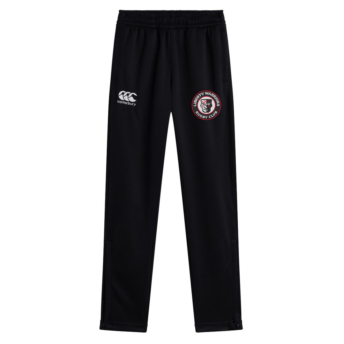 The Liberty Lake Warriors Stretch Tapered Pant by EMB Canterbury features a rugby club logo on the right and a Canterbury logo on the left. Designed with quick-dry technology, these pants are perfect for both training sessions and casual wear.