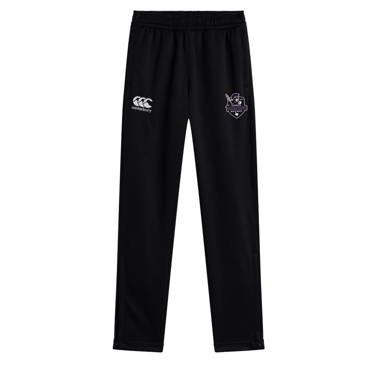 The Cypress Warriors Men's Rugby Stretch Tapered Pant by EMB Canterbury features an elastic waistband, white Canterbury logo, purple team crest, and quick dry fabric—ideal men’s training pants for all athletic needs.