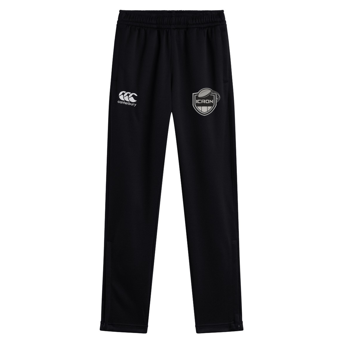 Black stretch tapered ICRON Stretch Tapered Pant by Canterbury workout pants featuring a logo and text on the thighs.
